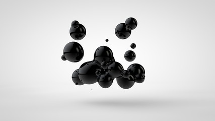Poster - 3D illustration of black oil droplets randomly spaced and isolated on a white background. 3D rendering, abstract image of chaos and disorder.