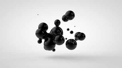 Poster - 3D illustration of black oil droplets randomly spaced and isolated on a white background. 3D rendering, abstract image of chaos and disorder.