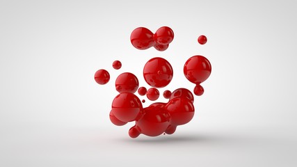 Poster - 3D rendering of a plurality of drops of the red liquid looked like blood, juice. Drops of different shapes, different sizes randomly arranged in space, isolated on a white background. 3D illustration