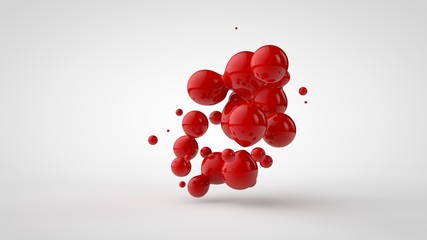 Poster - 3D rendering of a plurality of drops of the red liquid looked like blood, juice. Drops of different shapes, different sizes randomly arranged in space, isolated on a white background. 3D illustration