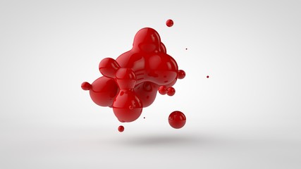 Poster - 3D rendering of a plurality of drops of the red liquid looked like blood, juice. Drops of different shapes, different sizes randomly arranged in space, isolated on a white background. 3D illustration