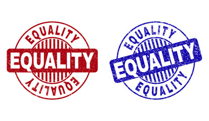 Grunge EQUALITY round stamp seals isolated on a white background. Round seals with grunge texture in red and blue colors. Vector rubber imitation of EQUALITY text inside circle form with stripes.