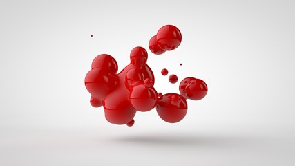 Poster - 3D rendering of a plurality of drops of the red liquid looked like blood, juice. Drops of different shapes, different sizes randomly arranged in space, isolated on a white background. 3D illustration