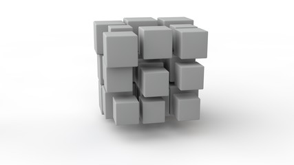 Poster - 3d rendering of a set of cubes located in space, of different size, white color, isolated on a white