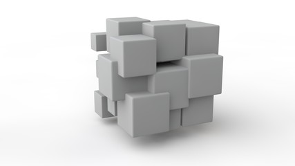 Poster - 3d rendering of a set of cubes located in space, of different size, white color, isolated on a white