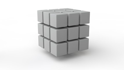 Poster - 3D rendering of a set of cubes located in space, of different size, white color, isolated on a white background. Geometric model of destruction, chaos and variety of forms. 3D illustration.
