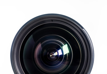 Objective lens of photo camera for photo or video  closeup on white background