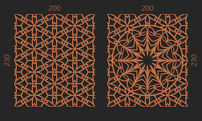  Laser cutting set. Woodcut vector trellis panels. Plywood lasercut floral design. Hexagonal seamless patterns for printing, engraving, paper cut. Stencil lattice ornaments.