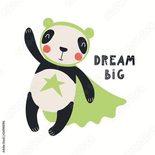 Hand drawn vector illustration of a cute panda superhero, with lettering quot...