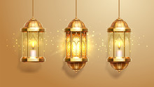 Set Of Isolated Eastern Lanterns. Arab Fanous Or Vintage Fanoos, Antique Glowing Lamp With Candle Or Hanging Muslim Light For Arabic Holiday. Muslim And Eastern Holiday Theme, Background Objects