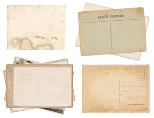 Set of various Old papers and postcards with scratches and stains texture isolated