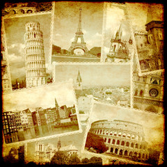 Sticker - Vintage travel background with retro photos of european landmarks