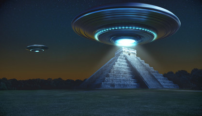 flying saucer on maya pyramid ruins chichen itza in the early night with a light energy ray - 3d ren