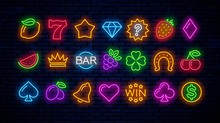 Vector Set Of Neon Gaming Icons For Casinos. Neon Signs For Slot Machines.