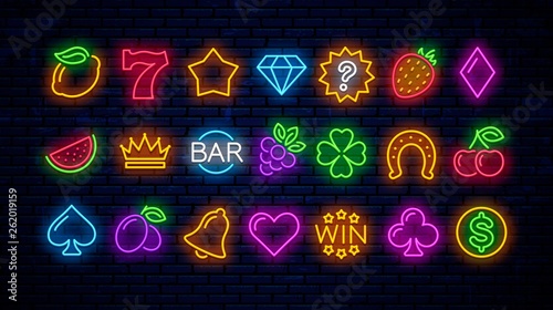 Cuadros en Lienzo Vector set of neon gaming icons for casinos