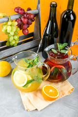 Tasty fresh Sangria, two jugs, wine drink, summer cocktail