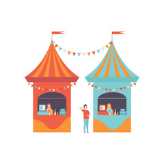 Wall Mural - Street Vendor Booths with Fast Food, Market Food Counters, Retail Selling Kiosk, Local Market Vector Illustration