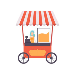 Wall Mural - Popcorn Cart with Female Seller, Street Food Transport, Mobile Shop Vector Illustration