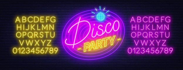 Neon lettering Disco party on brick wall background. Glowing fonts. Template for invitation, card or poster.