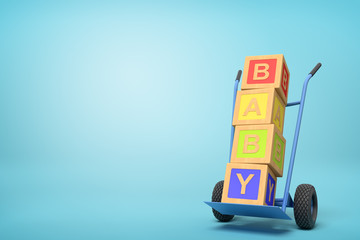 Poster - 3d rendering of colorful alphabet toy blocks showing 'BABY' sign on a hand truck on blue background