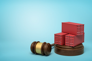 Poster - 3d rendering of red cargo containers on round wooden block and brown wooden gavel on blue background