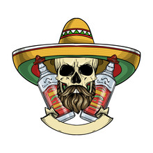 Hand Drawn Sketch, Color Skull With Sombrero, Beard And Mustaches And Tequila Bottle