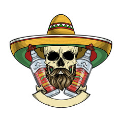 Hand drawn sketch, color skull with sombrero, beard and mustaches and tequila bottle