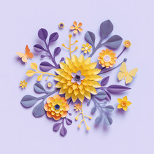3d Render, Violet Yellow Craft Paper Flowers, Botanical Background, Floral Arrangement, Festive Bouquet, Bright Candy Colors, Isolated Clip Art, Decorative Embellishment