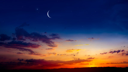 light from sky . religion background . the sky at night with stars. new moon . ramadan background . 