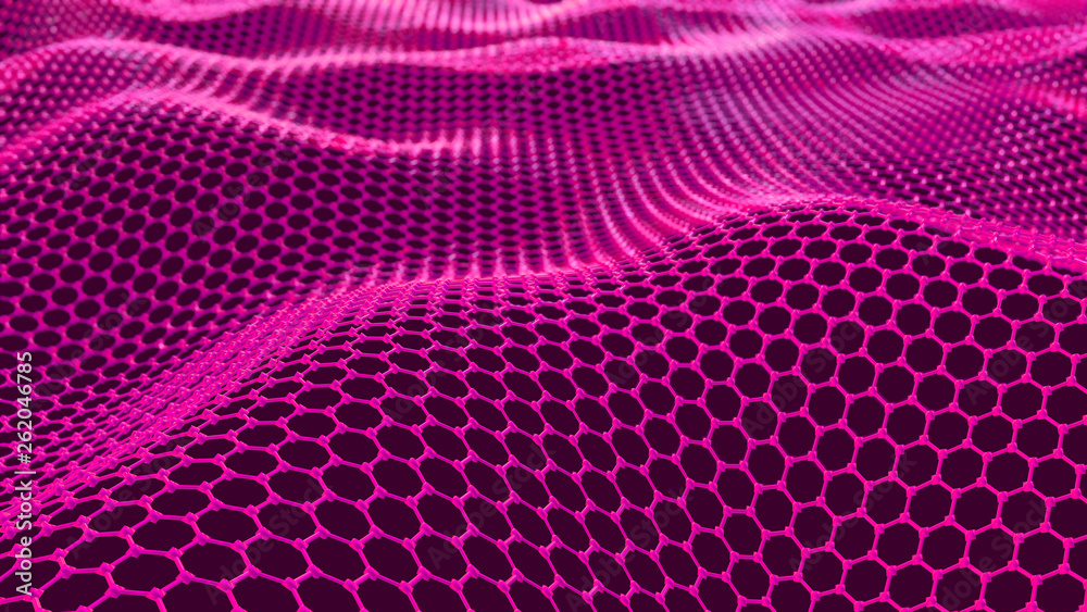 Abstract network connection. Structure big data. Digital background. Pink hexagonal grid. Abstract music background. 3d render - obrazy, fototapety, plakaty 