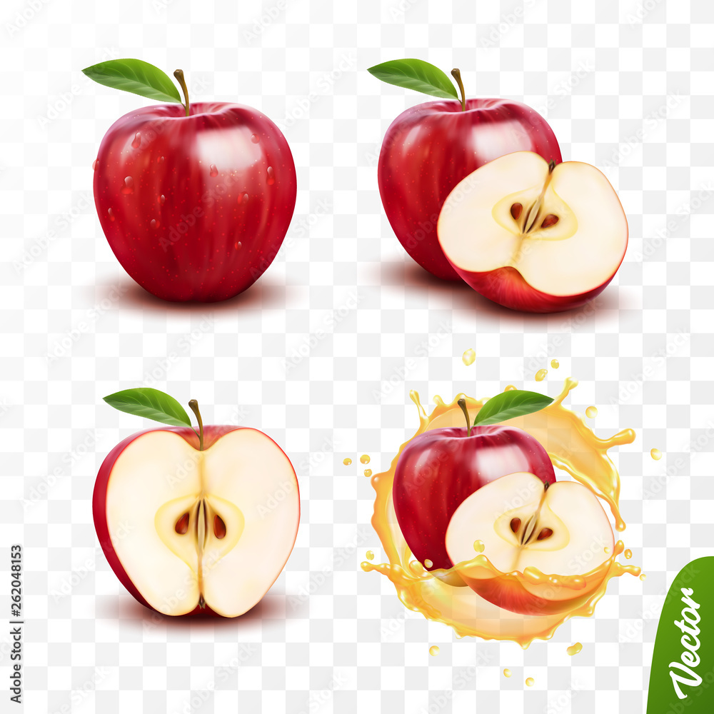 3d realistic transparent isolated vector set, whole and slice of apple, apple in a splash of juice with drops - obrazy, fototapety, plakaty 