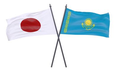 Japan and Kazakhstan, two crossed flags isolated on white background. 3d image