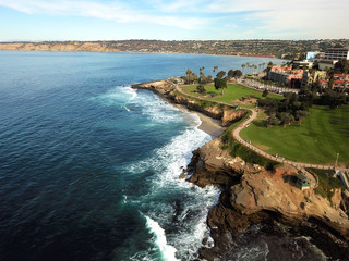 Aerial view of coastline La Jolla cove, San Diego, California.  picturesque cove and beach that is surrounded by cliffs and the pacific ocean, famous tourist attraction to see the sea lions and sails