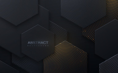 Poster - Black geometric tiles textured with golden and silver shimmering glitters. Modern cover design. Vector illustration. Ad banner. Abstract background. Minimal composition with hex shapes. Layout design