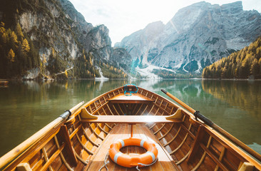 Wall Mural - Traditional rowing boat at Lago di Braies in the Dolomites