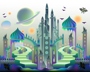 Wall Mural - Illustration of fantasy oriental kingdom from eastern fairy tale for kids book cover. Poster for travel company. Modern print. Futuristic landscape. Vector cartoon image.