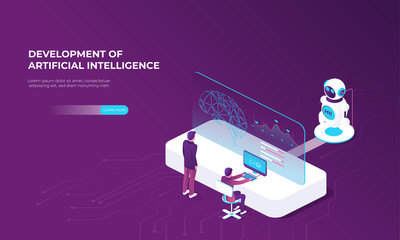 Digital technology banner. Modern template with artificial intelligence. Data analysis. Artificial intelligence in 3d style. Artificial intelligence digital brain future technology isometric