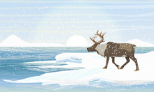 Moose On The Lake In Winter. Wild Animals Of Eurasia And North America. Shore With Snowy Mountains And Snowdrifts. Glacier On The Other Side Of The Sea. Realistic Vector Landscape