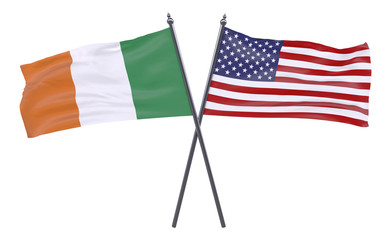 Ireland and USA, two crossed flags isolated on white background. 3d image