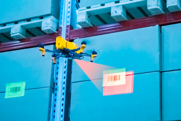 Poster - Drone with repeater. Warehouse equipment. Automatic monitoring of warehouse goods. Accounting goods. Inventory warehouse using a drone. Audit in stock. Scanning goods. Dron scans barcode.