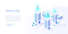 Smart City Or Intelligent Building Isometric Vector Concept. Building Automation With Computer Networking Illustration. Management System Or BAS  Background. IoT Platform As Future Technology.