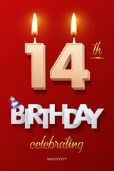 Burning Birthday candles in the form of number 14 figure and Happy Birthday celebrating text with party cane isolated on red background. Vector fourteenth Birthday invitation template.