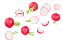 Set Of Fresh Whole And Sliced Radish Isolated On White Background. Top View