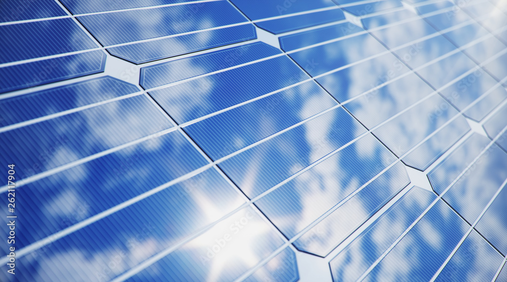 3D illustration solar Panels close-up. Alternative energy. Concept of renewable energy. Ecological, clean energy. Solar panels, photovoltaic with reflection beautiful blue sky. - obrazy, fototapety, plakaty 