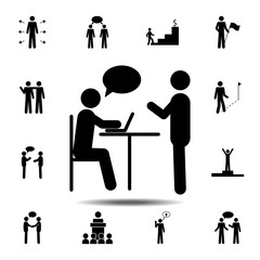 Poster - two people, table, laptop icon. Simple glyph, flat vector element of People icons set for UI and UX, website or mobile application