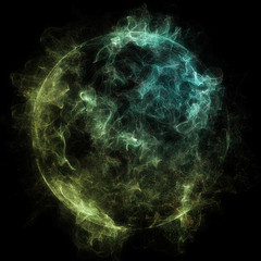 Poster - Abstract particles background with corrupted point sphere. Sun Solar Flare Particles coronal mass ejections. Globe grids with a broken structure. 3D render