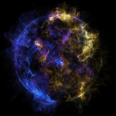 Poster - Abstract particles background with corrupted point sphere. Sun Solar Flare Particles coronal mass ejections. Globe grids with a broken structure. 3D render