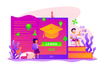 Sticker - Digital and mobile learning, e-learning, flipped class, smart classroom and virtual learning concept. Vector isolated concept illustration with tiny people and floral elements. Hero image for website.