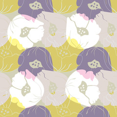  Vector illustration of stylized airy, abstract poppies in lilac, yellow, purple and lime. Seamless repeat pattern, tiled artwork. Perfect for gift, wallpaper, scrapbooking