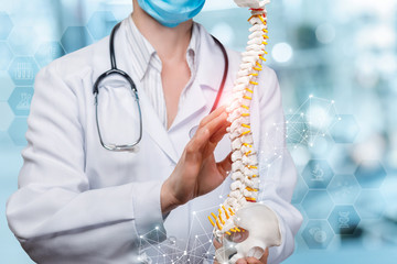 A physiotherapist with a stethoscope examining a spine model .